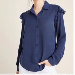 Cloth & Stone Navy Ruffle Sleeve Blouse Button Down M